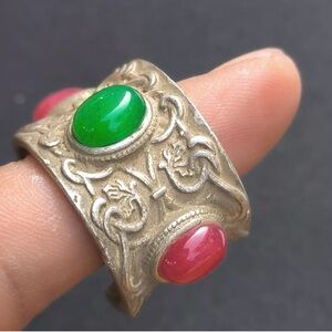 Ancient Tibetan Silver  Red&Green  jade Finger Ring Trigger finger